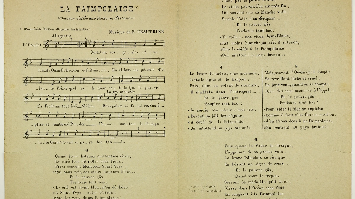 Open vintage song sheet with a melody staff and printed verses on facing pages