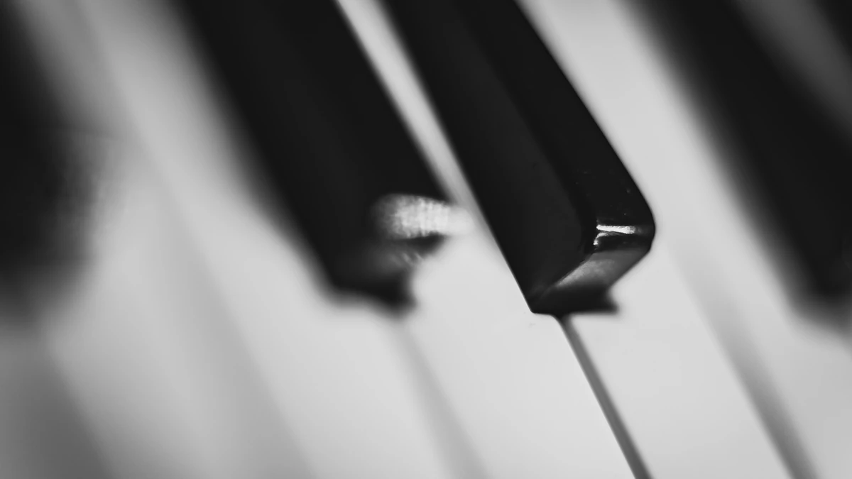 Black and white macro of piano keys with a shallow depth of field