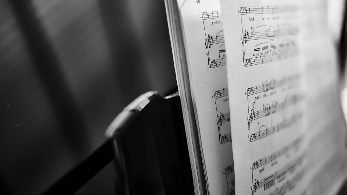 Black and white pages of sheet music standing open on a stand