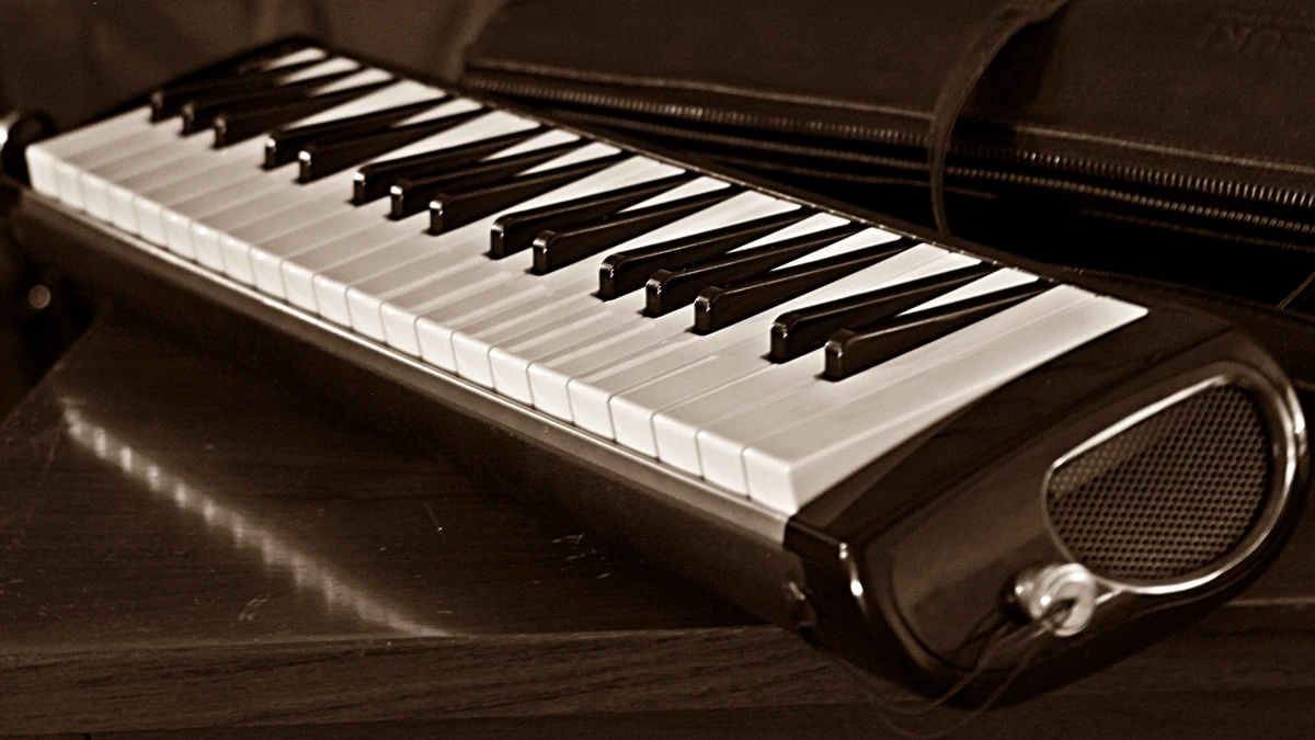 Vintage keyboard instrument with black and white keys in warm tones